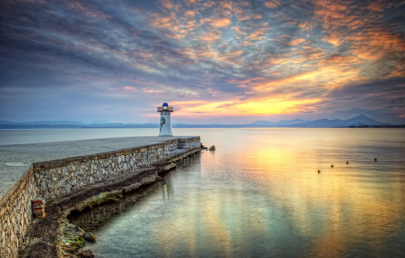 Photo wallpaper sunset, mountains, lighthouse, pierce, Bay