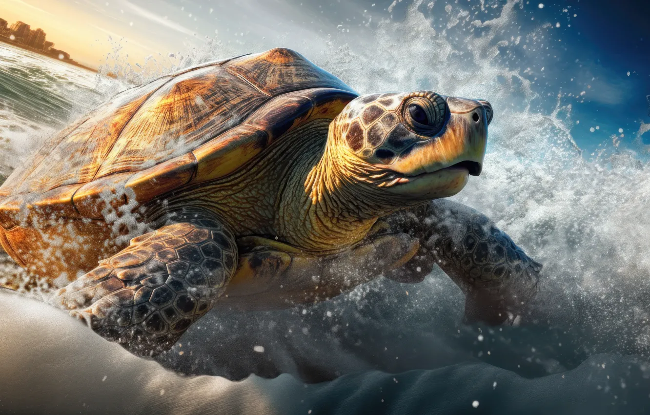 Photo wallpaper sea, wave, water, squirt, turtle, art, sea turtle, digital art
