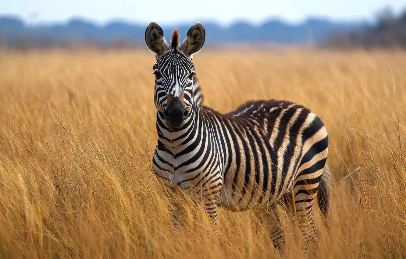 Photo wallpaper field, grass, look, Zebra, Savannah, AI art, neural network