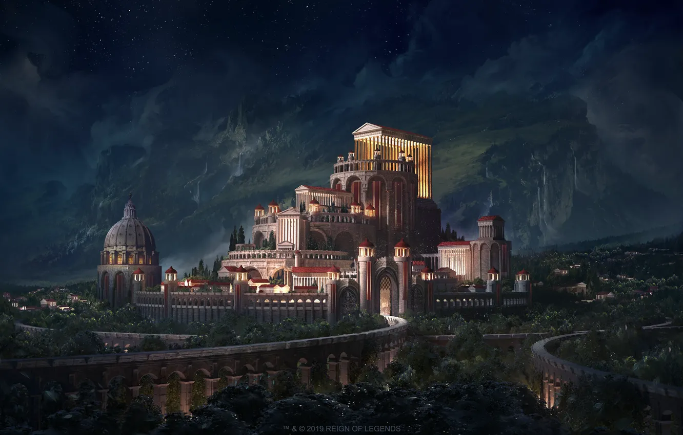 Photo wallpaper landscape, night, city, the city, castle, art, white, fantasy