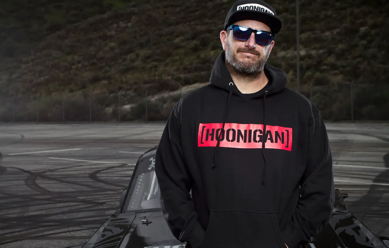 Photo wallpaper Mustang, Ford, glass, man, Ken Block, shirt, Racer, Hoonigan