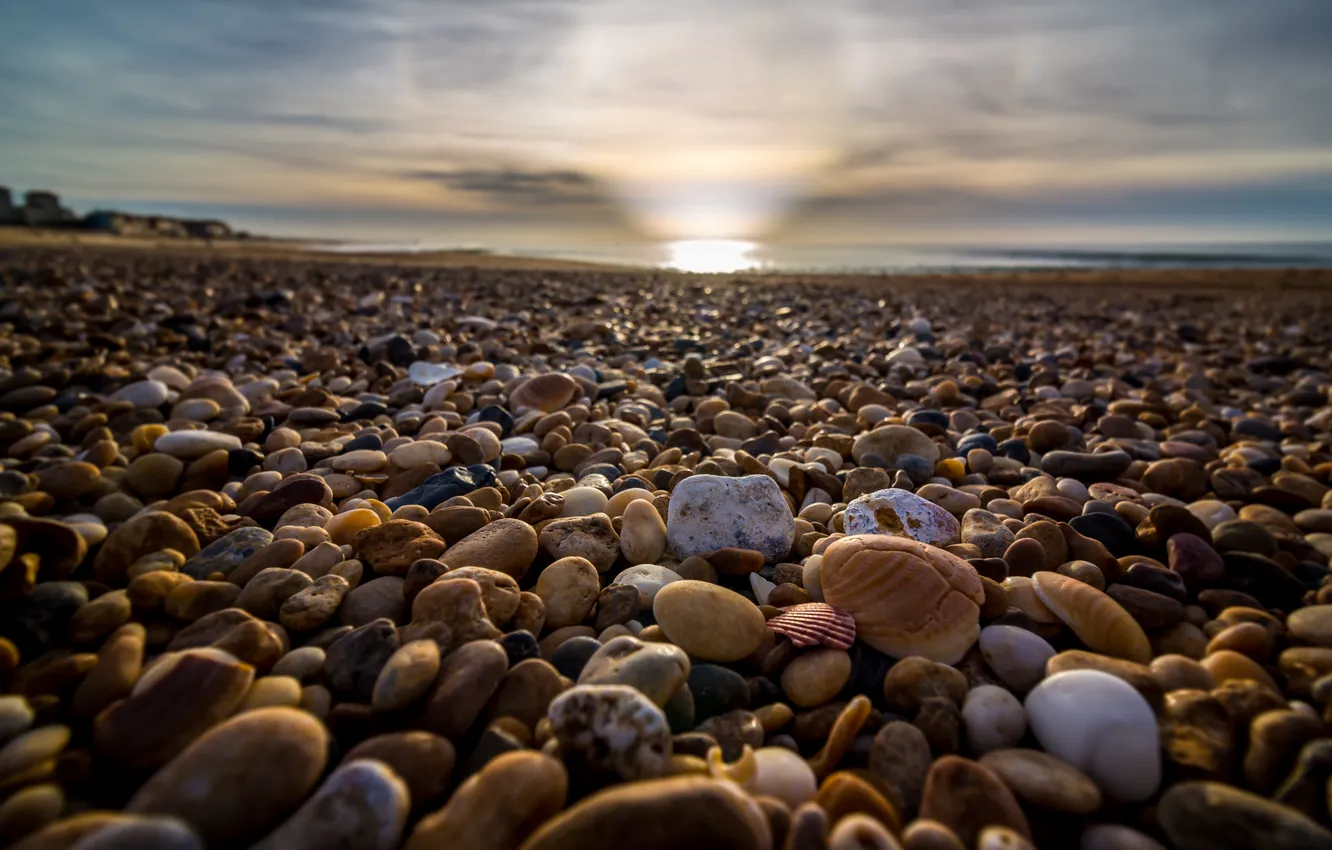 Photo wallpaper sea, beach, the sky, clouds, landscape, nature, stones, dawn