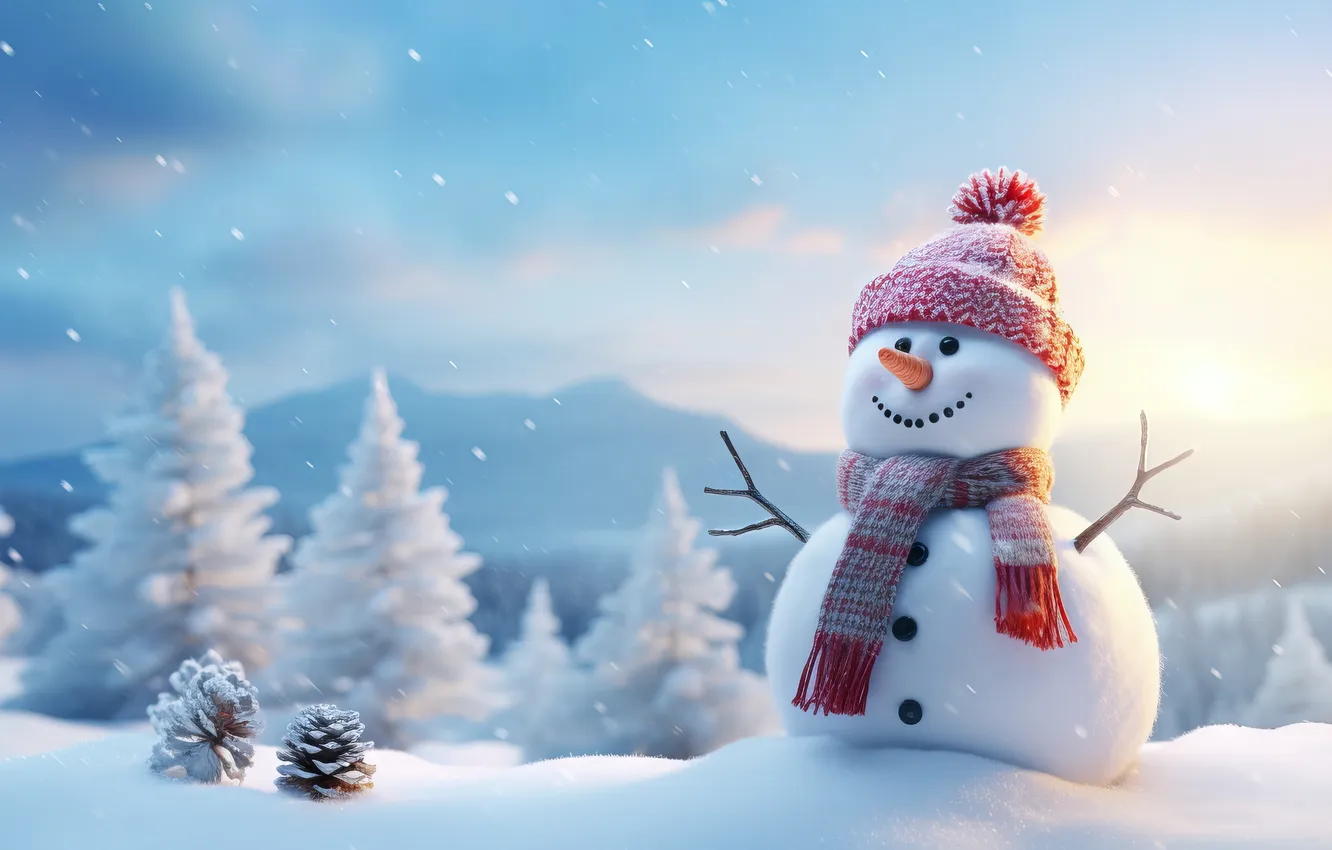Photo wallpaper winter, snow, new year, Christmas, snowman, Christmas, winter, snow