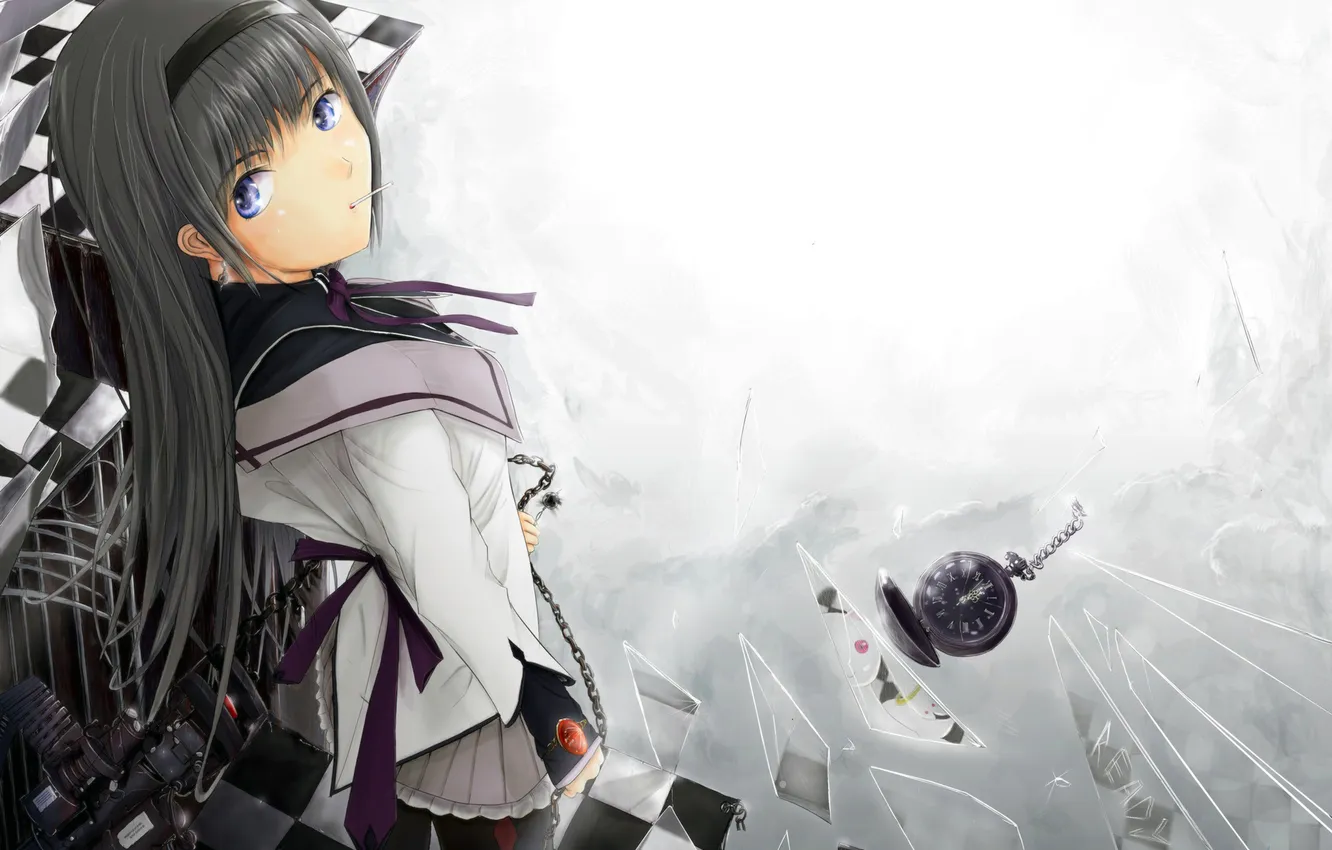 Photo wallpaper girl, fragments, weapons, watch, art, blue eyes, mahou shoujo madoka magica, homura akemi