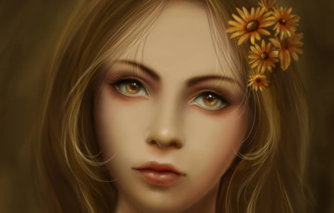 Photo wallpaper eyes, look, face, hair, art, artist, flowers, Cris Ortega