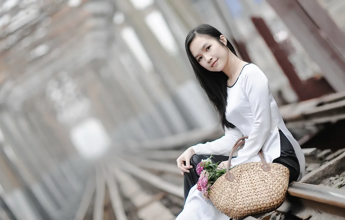 Photo wallpaper girl, railroad, Asian