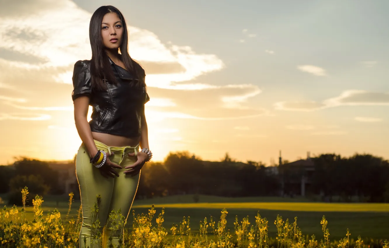 Photo wallpaper girl, sunset, nature