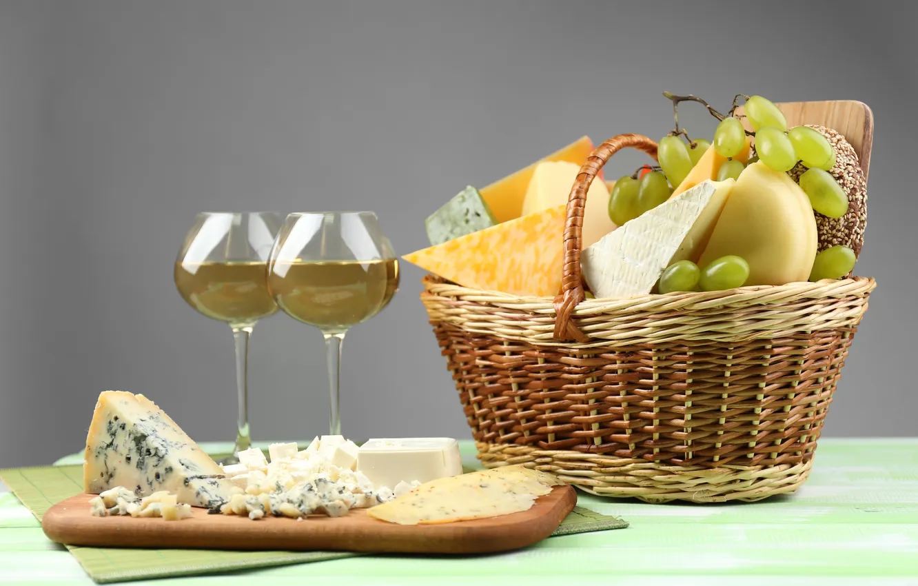 Photo wallpaper wine, basket, cheese, vingrad