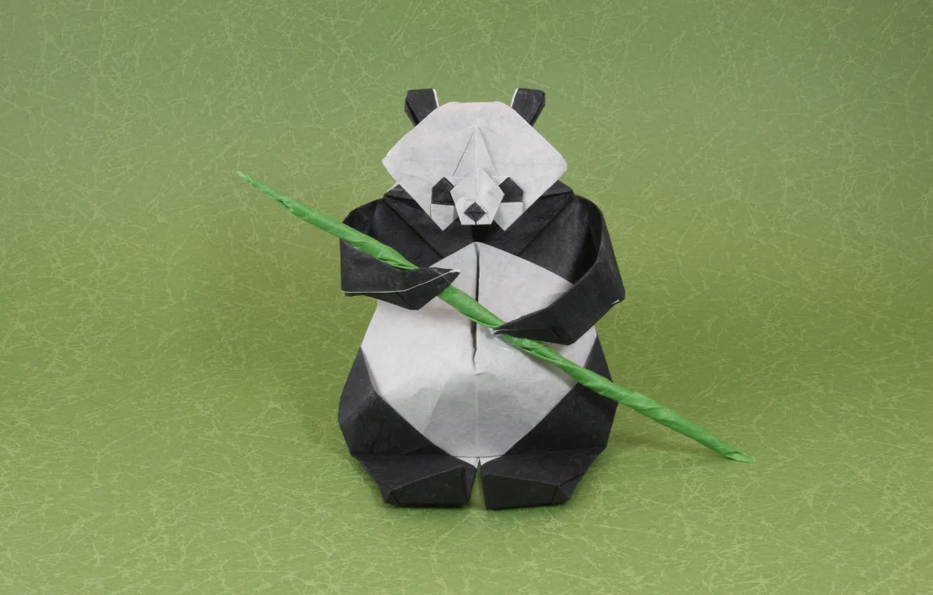 Photo wallpaper green, green, branch, bamboo, Panda, origami, bamboo, origami