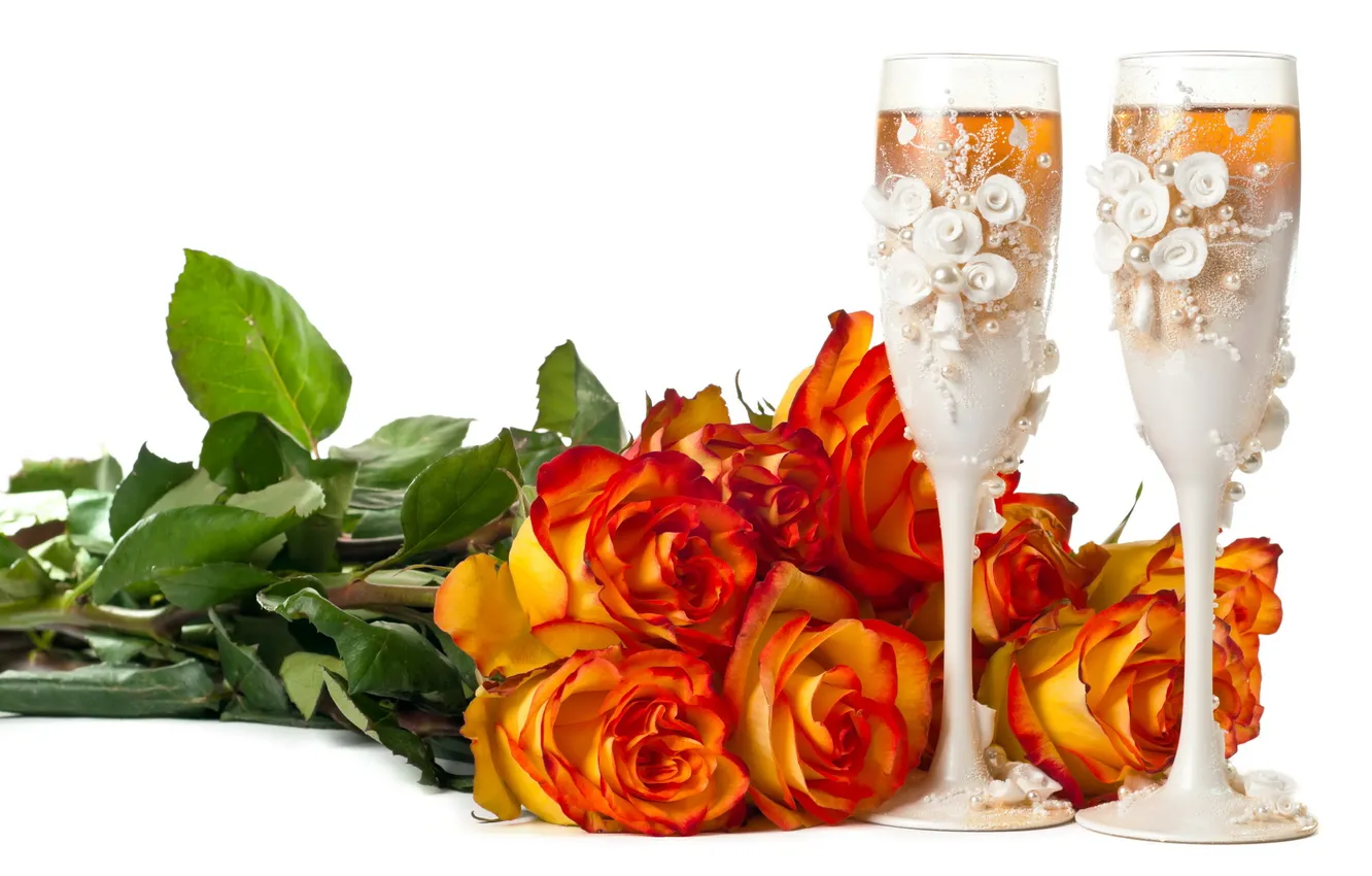 Photo wallpaper flowers, holiday, roses, glasses