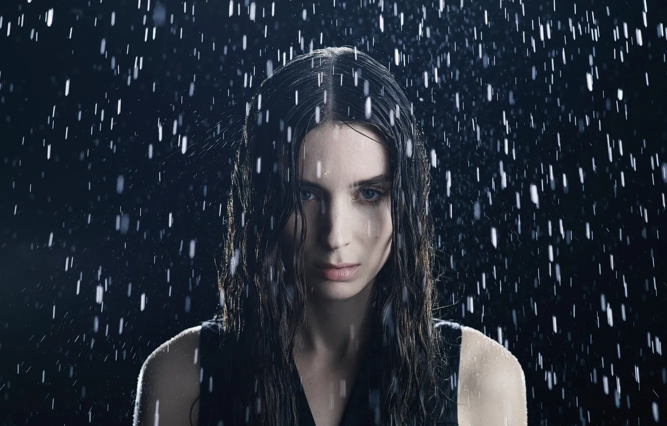 Photo wallpaper drops, night, photo, rain, actress, brunette, Rooney Mara, Rooney Mara