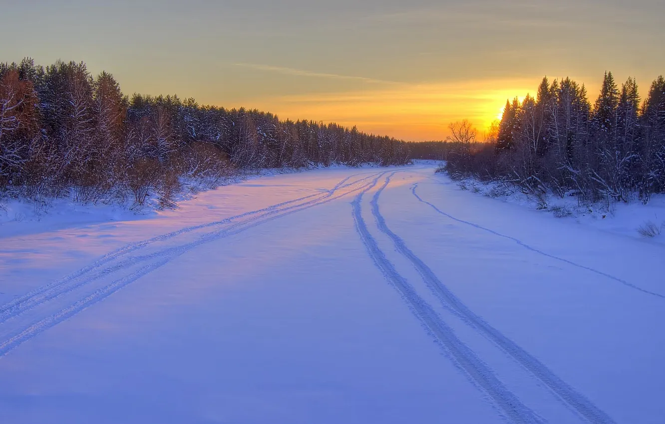 Photo wallpaper winter, road, forest, snow, sunrise, morning