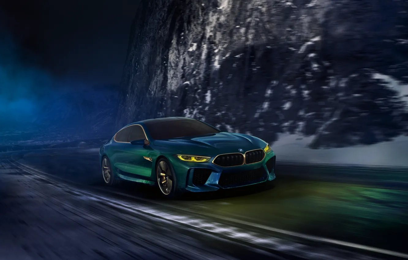 Photo wallpaper road, night, movement, coupe, BMW, 2018, M8 Gran Coupe Concept