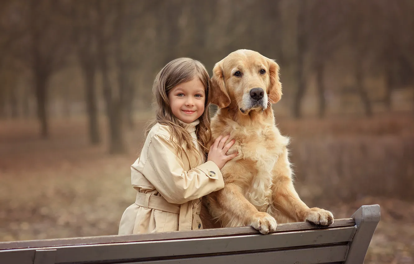 Photo wallpaper autumn, trees, bench, nature, pose, smile, Park, each