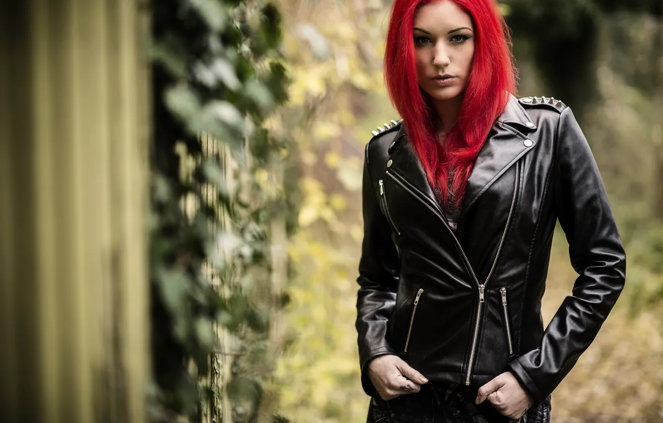 Photo wallpaper look, girl, background, hair, red, red hair, leather jacket