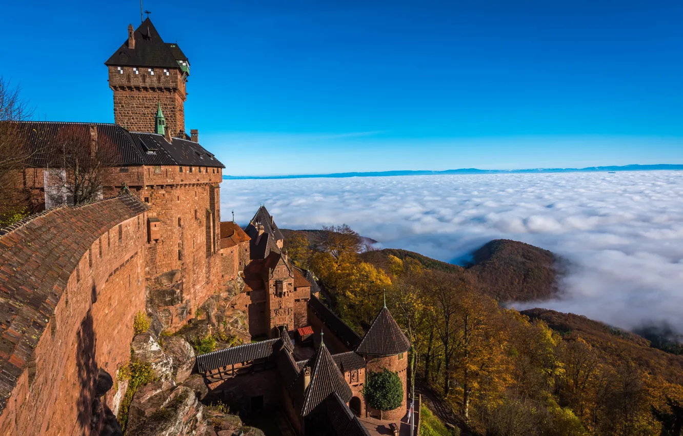 Photo wallpaper clouds, landscape, nature, castle, France, Alsace, Haut-Koenigsbourg