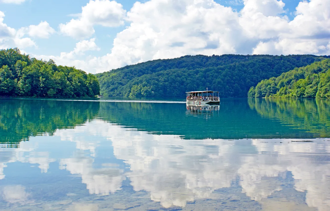 Photo wallpaper forest, the sky, water, clouds, lake, reflection, Croatia, ship