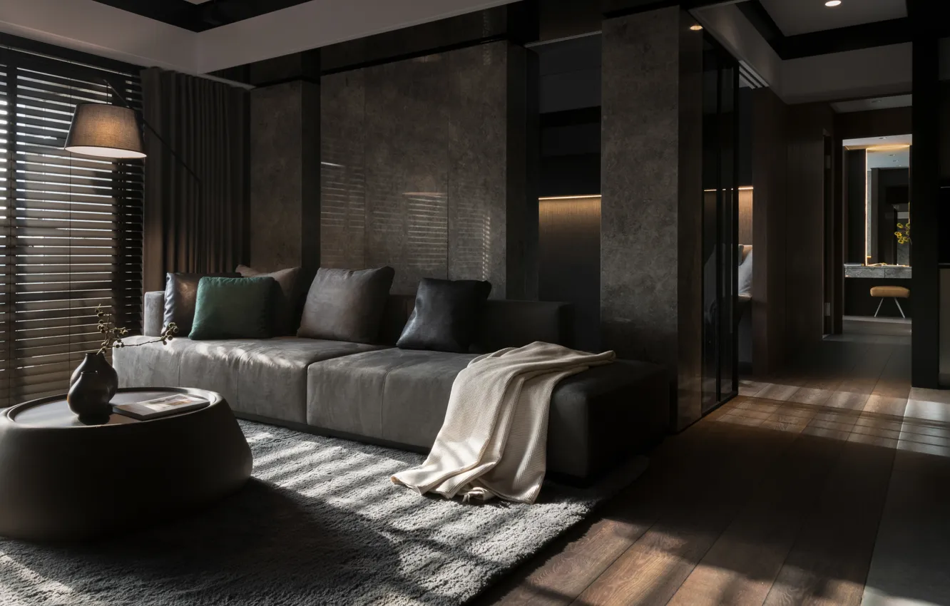 Photo wallpaper design, interior, sofa, living room, dark color in the interior, marble styling