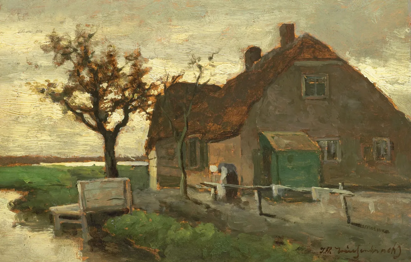 Photo wallpaper oil, picture, 1903, Johan Hendrik Weissenbruch, Johan Hendrik Weissenbruch, Peasant house by the canal