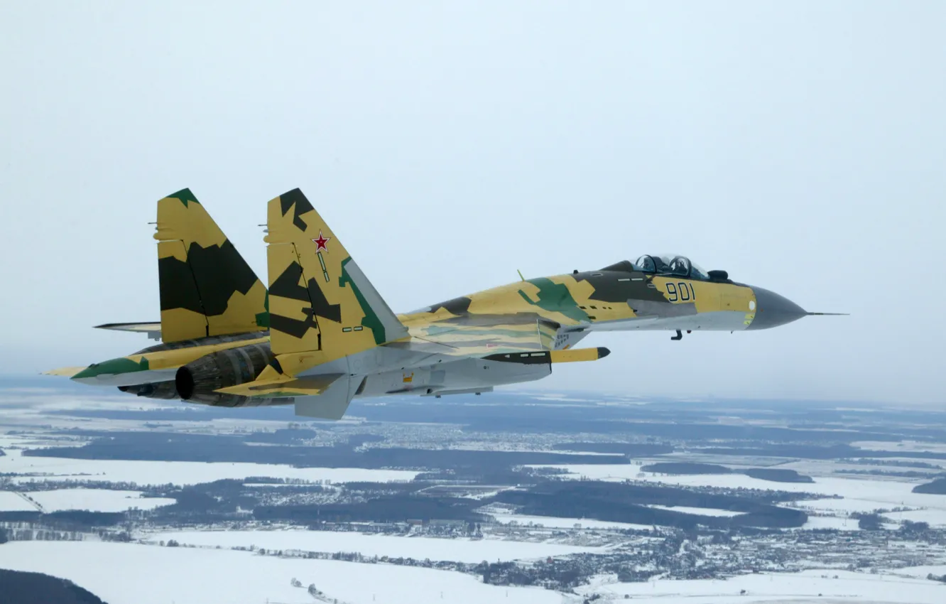 Photo wallpaper winter, snow, flight, Fighter, beautiful, Su-35