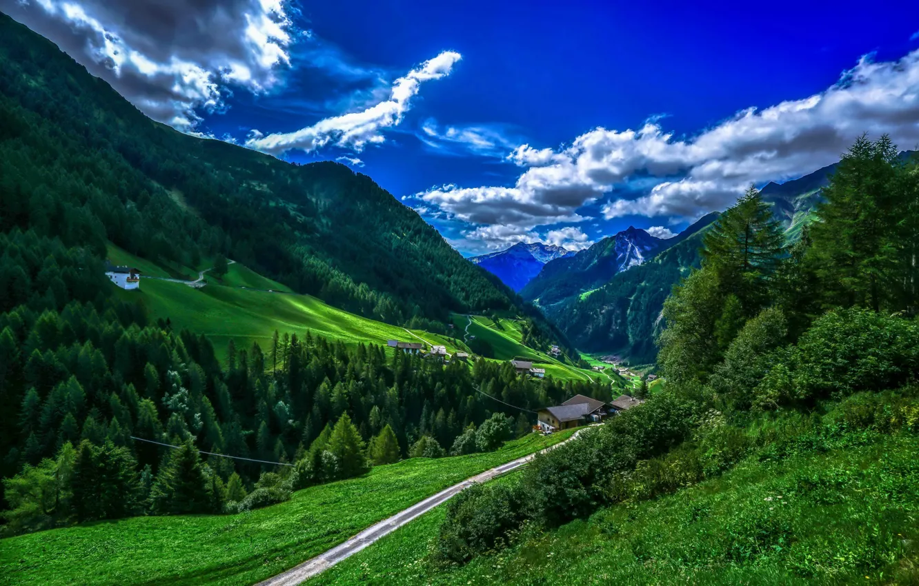 Photo wallpaper greens, forest, the sky, clouds, trees, mountains, valley, Italy