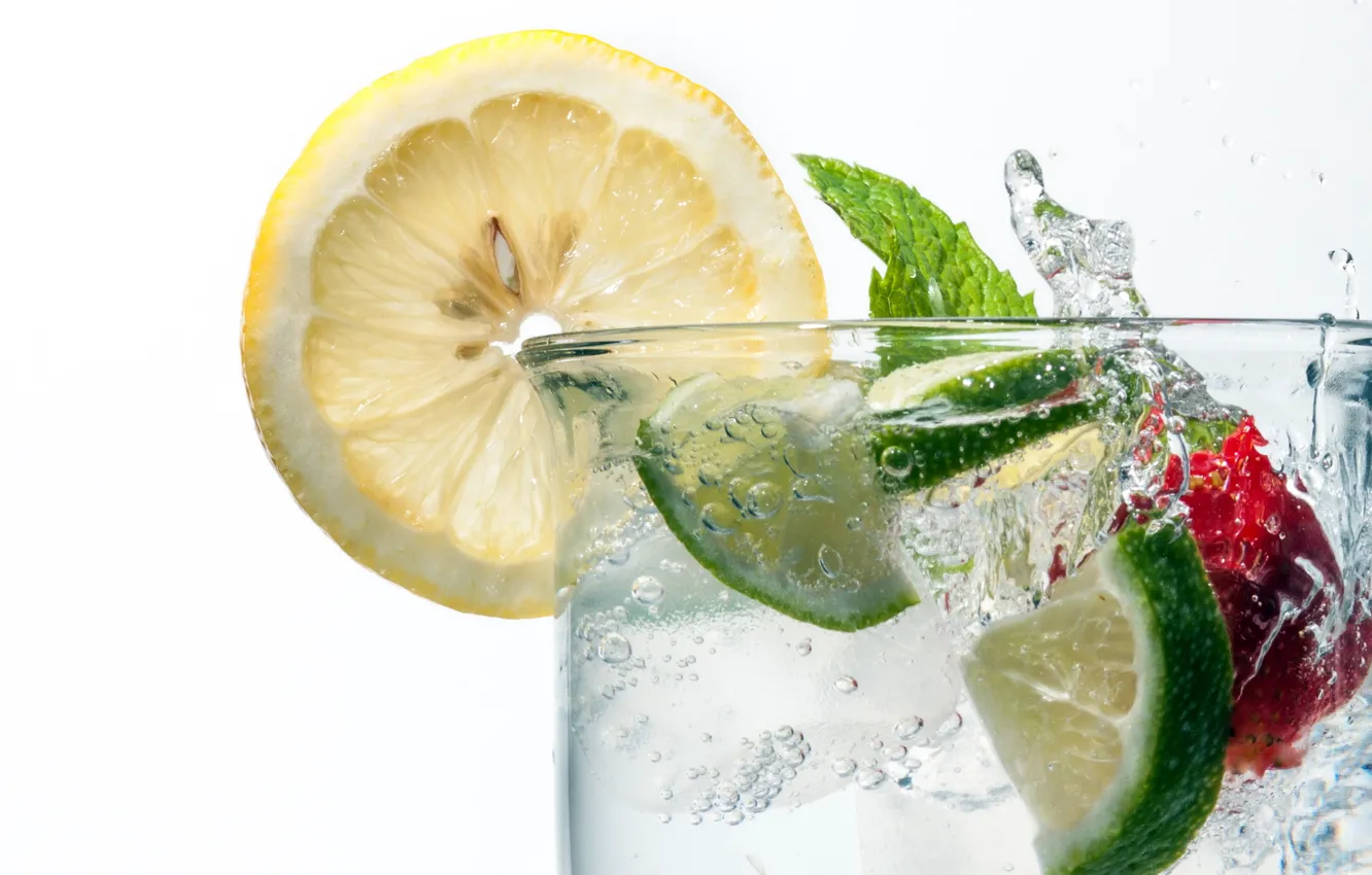 Photo wallpaper glass, lemon, ice, cocktail, drink, fruit