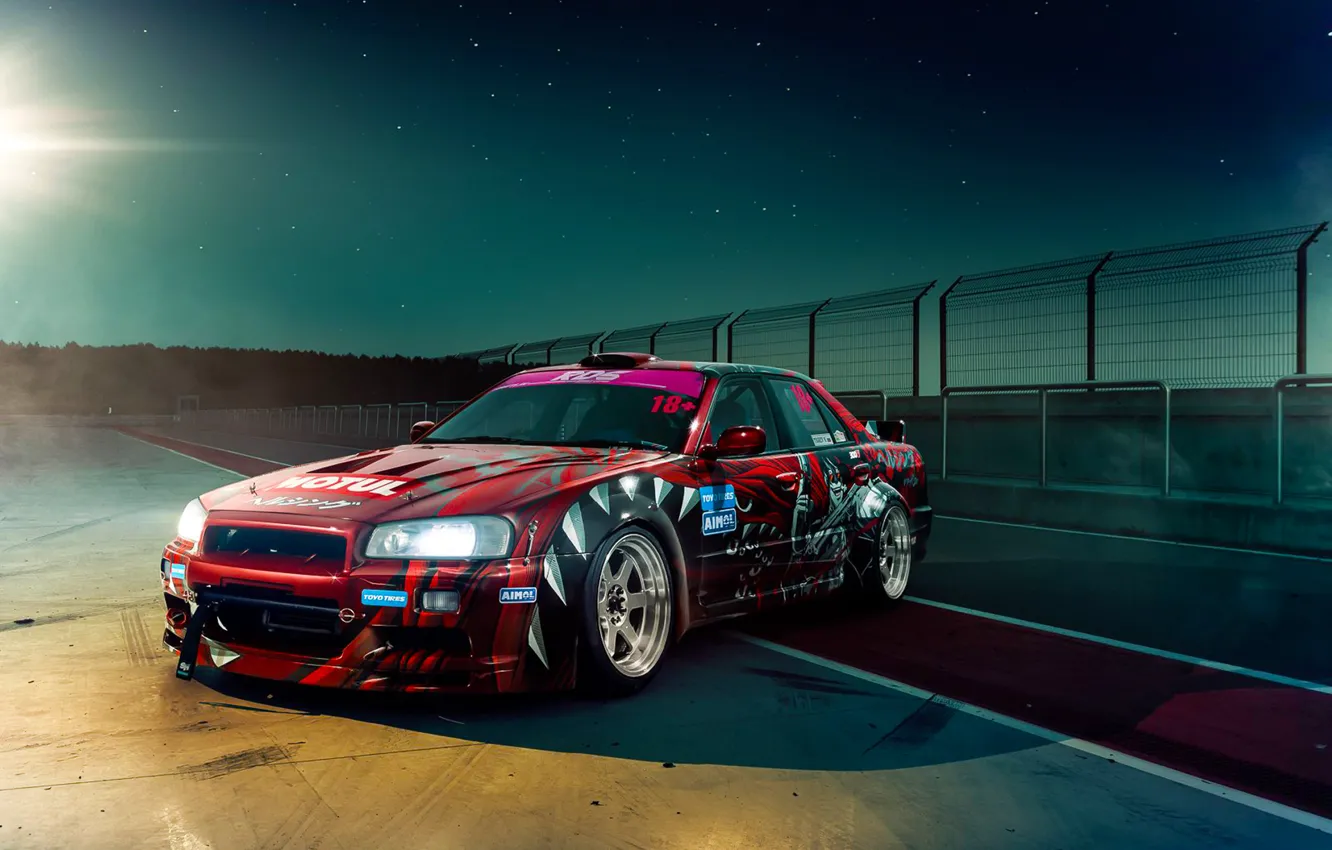Photo wallpaper GTR, Nissan, Drift, Car, Night, Skyline, R34, Track