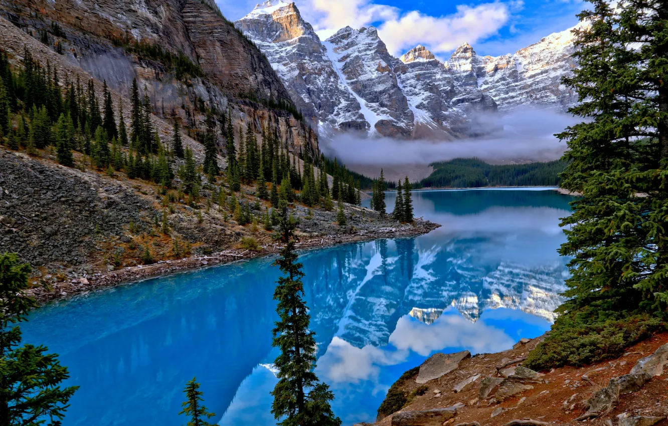 Photo wallpaper clouds, landscape, mountains, nature, lake, reflection, stones, rocks