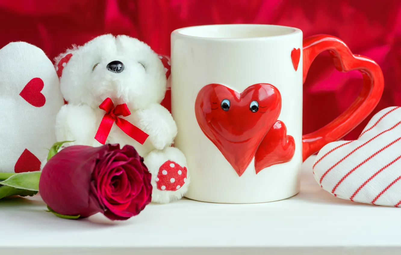 Photo wallpaper holiday, toy, heart, bear, mug, Valentine's day