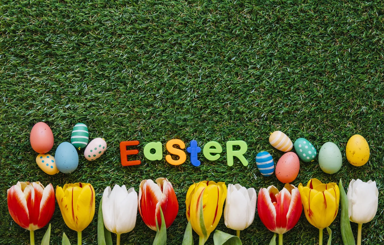Photo wallpaper letters, eggs, spring, Easter, tulips, Holiday