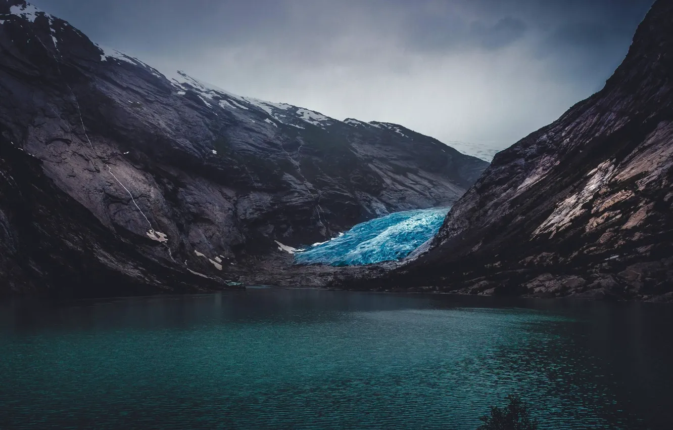 Photo wallpaper ice, the sky, water, mountains, clouds, nature, overcast, rocks