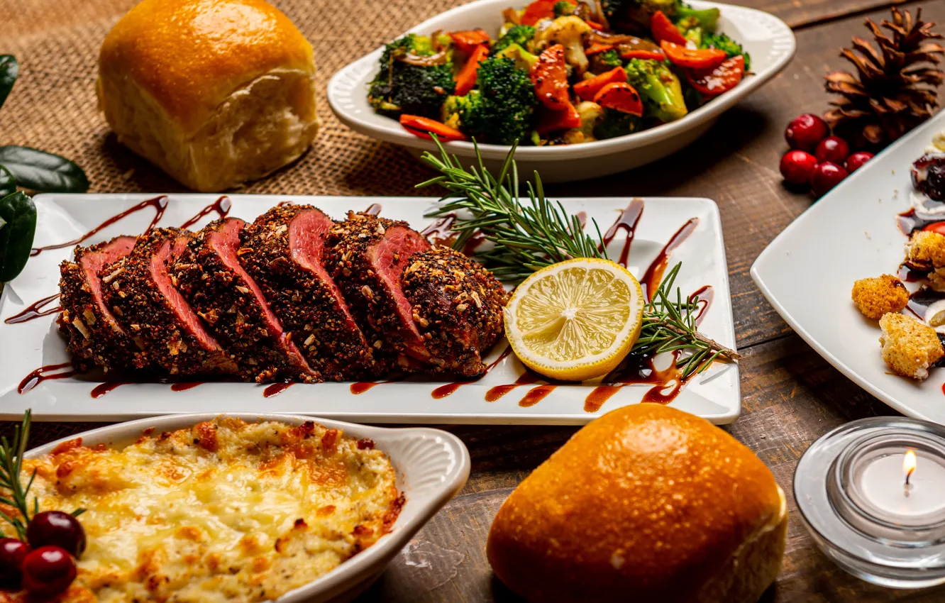 Photo wallpaper table, food, candles, bread, meat, vegetables, dish, cutting