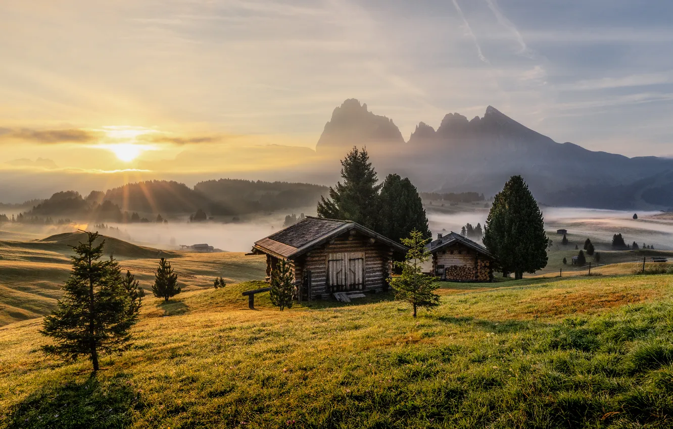 Photo wallpaper morning, Dolomiti, mountains, The Dolomites, the barn, Alpe di Siusi, South Tyrol, South Tyrol