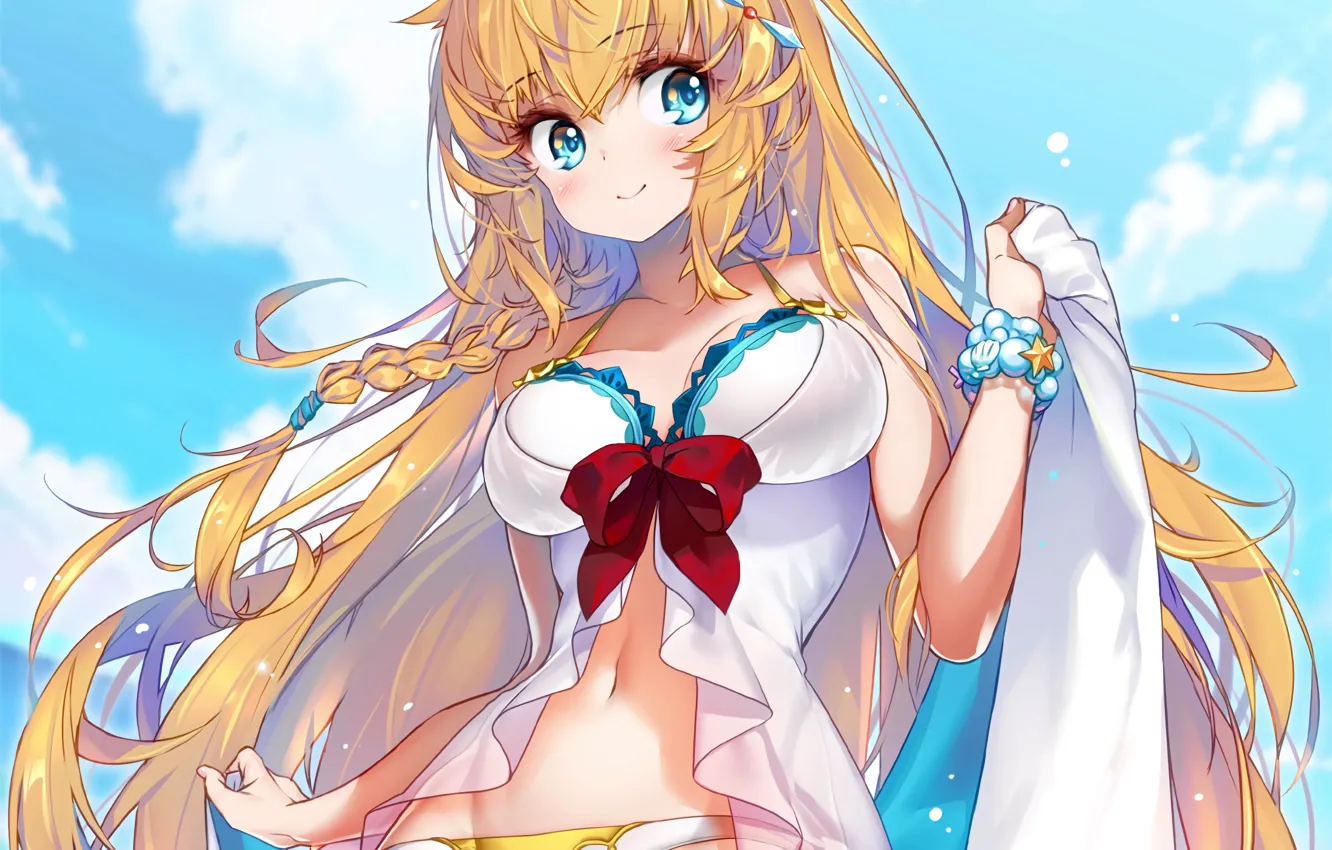 Photo wallpaper girl, sexy, cleavage, blouse, long hair, boobs, anime, beautiful