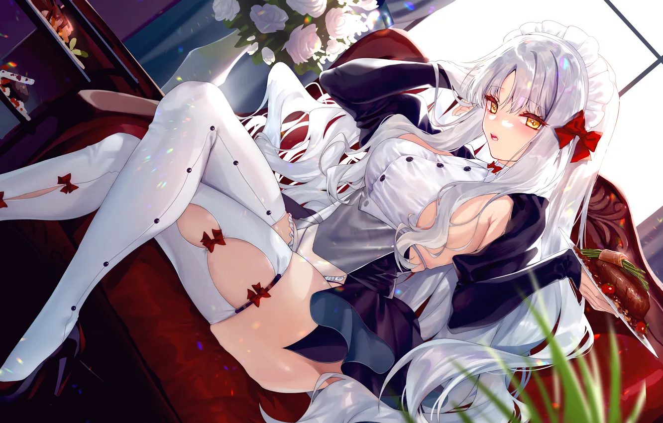 Photo wallpaper girl, sexy, thighhighs, long hair, legs, boobs, anime, beautiful