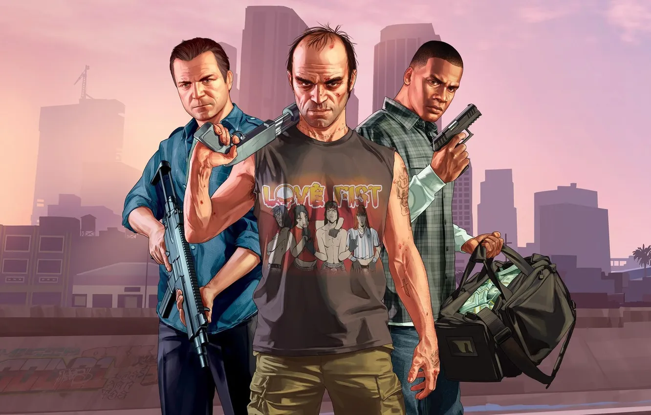 Photo wallpaper look, weapons, money, Michael, Grand Theft Auto V, Rockstar Games, Trevor, Franklin