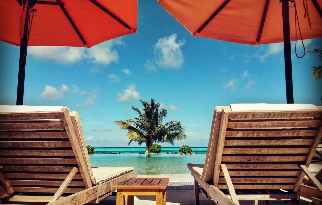 Photo wallpaper sea, summer, the sky, clouds, pool, sun loungers, solar, Maldives