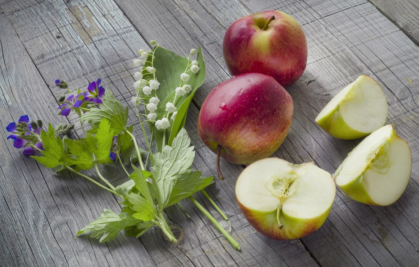Photo wallpaper flowers, apples, lilies of the valley, flowers, slices, apples, lilies, sliced