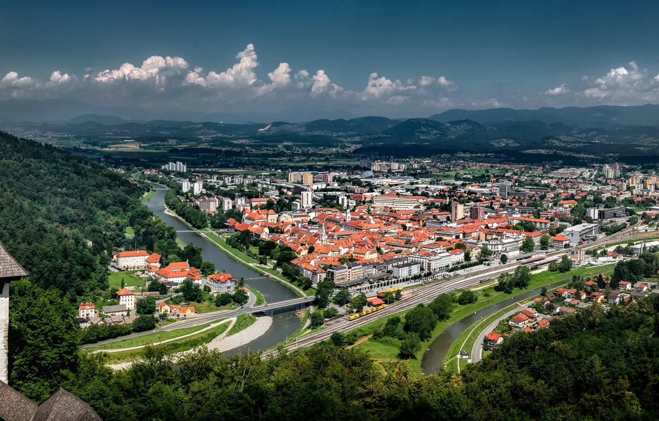 Photo wallpaper mountains, river, building, panorama, Slovenia, Slovenia, Celje, Celje