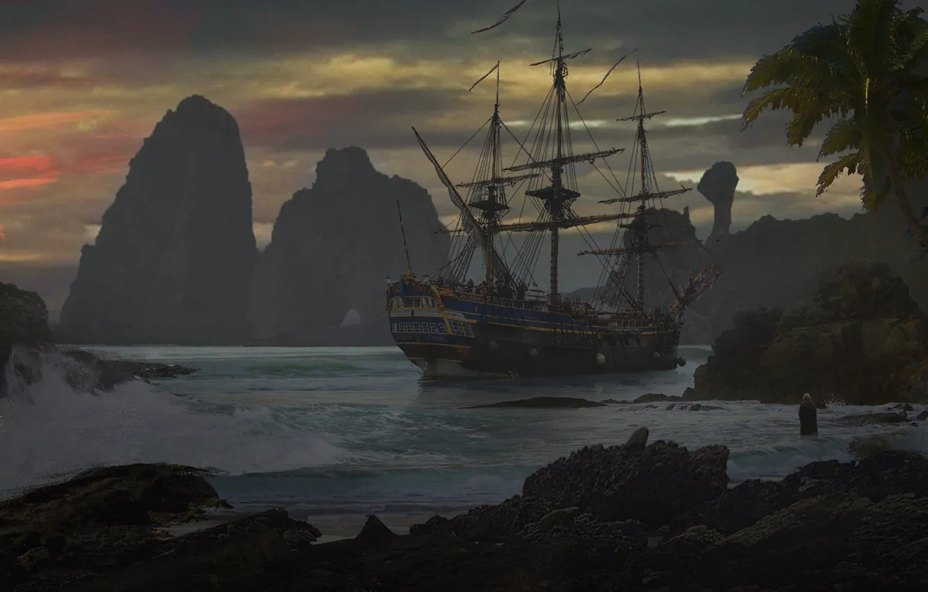 Photo wallpaper shore, ship, beach, David Tilton