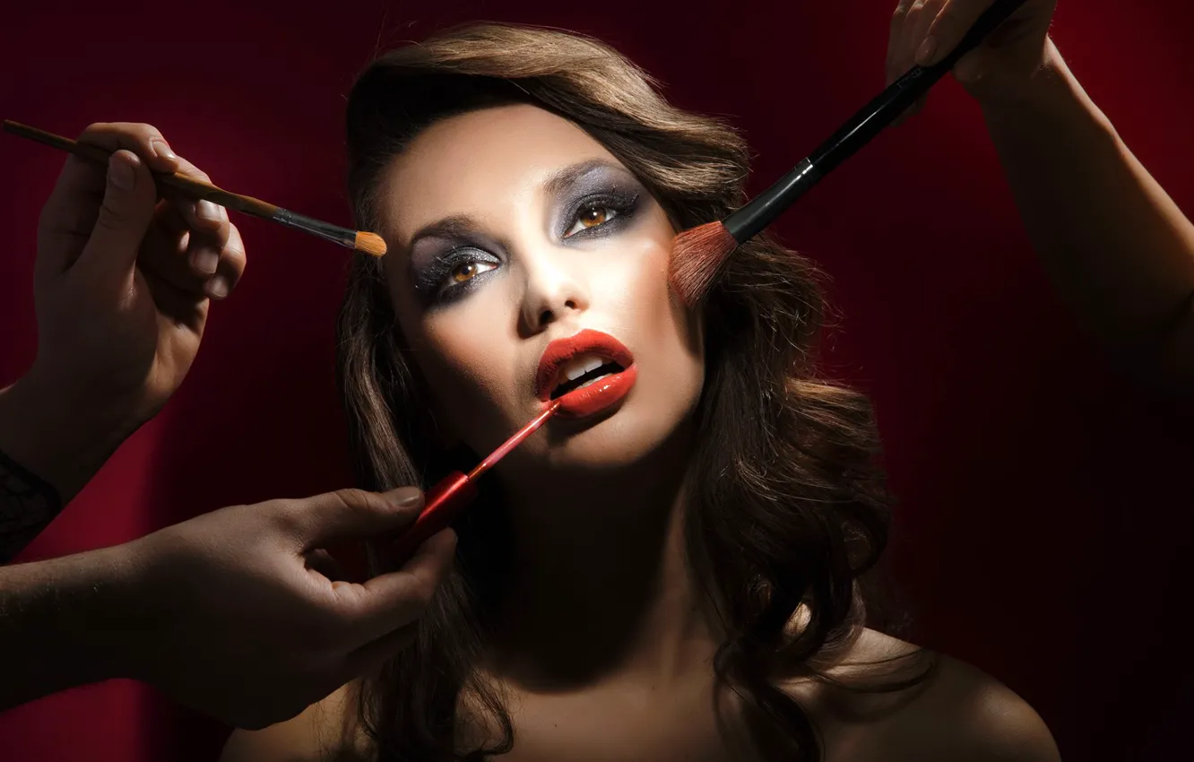 Photo wallpaper girl, Shine, shadow, makeup, lips, brush