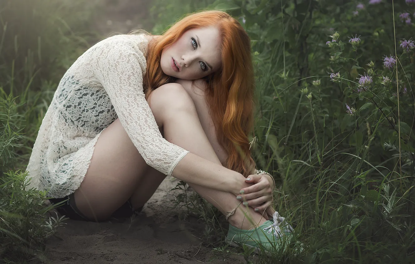 Photo wallpaper grass, Girl, legs, beautiful, redhead