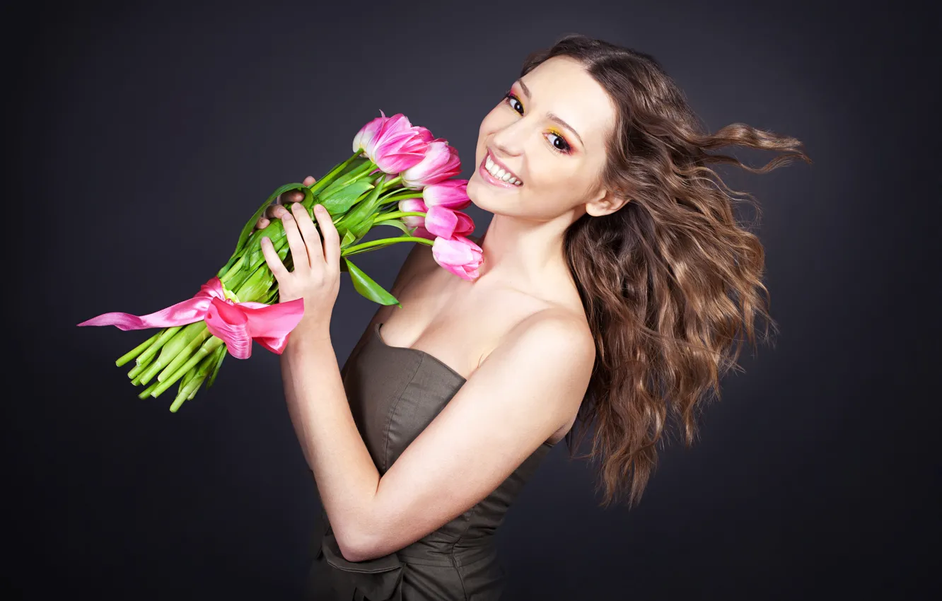 Photo wallpaper girl, joy, flowers, smile, background, mood, bouquet, makeup