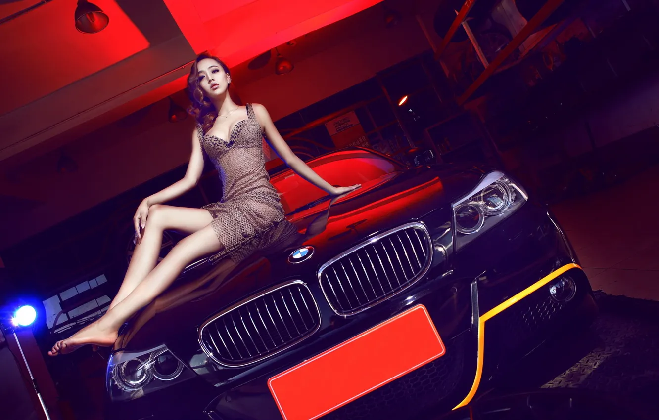 Photo wallpaper look, Girls, BMW, Asian, beautiful girl, black car, sitting on the hood