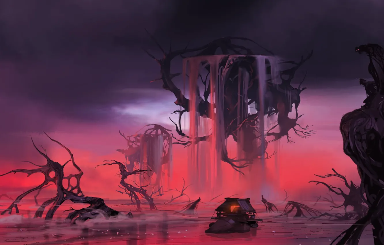 Photo wallpaper sea, water, clouds, stones, canopy, purple, flying Islands, digital art