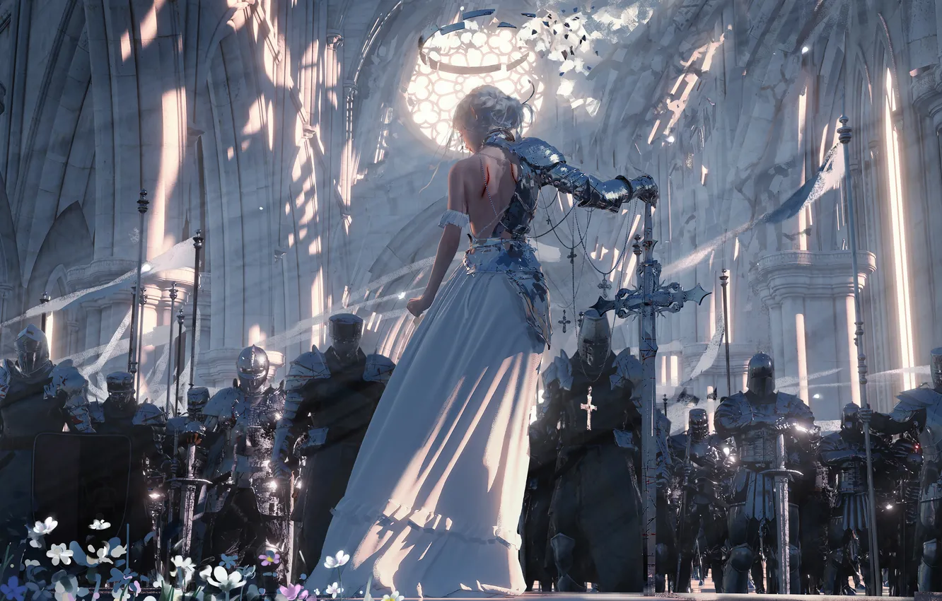 Photo wallpaper girl, sword, fantasy, soldier, cathedral, armor, flowers, army