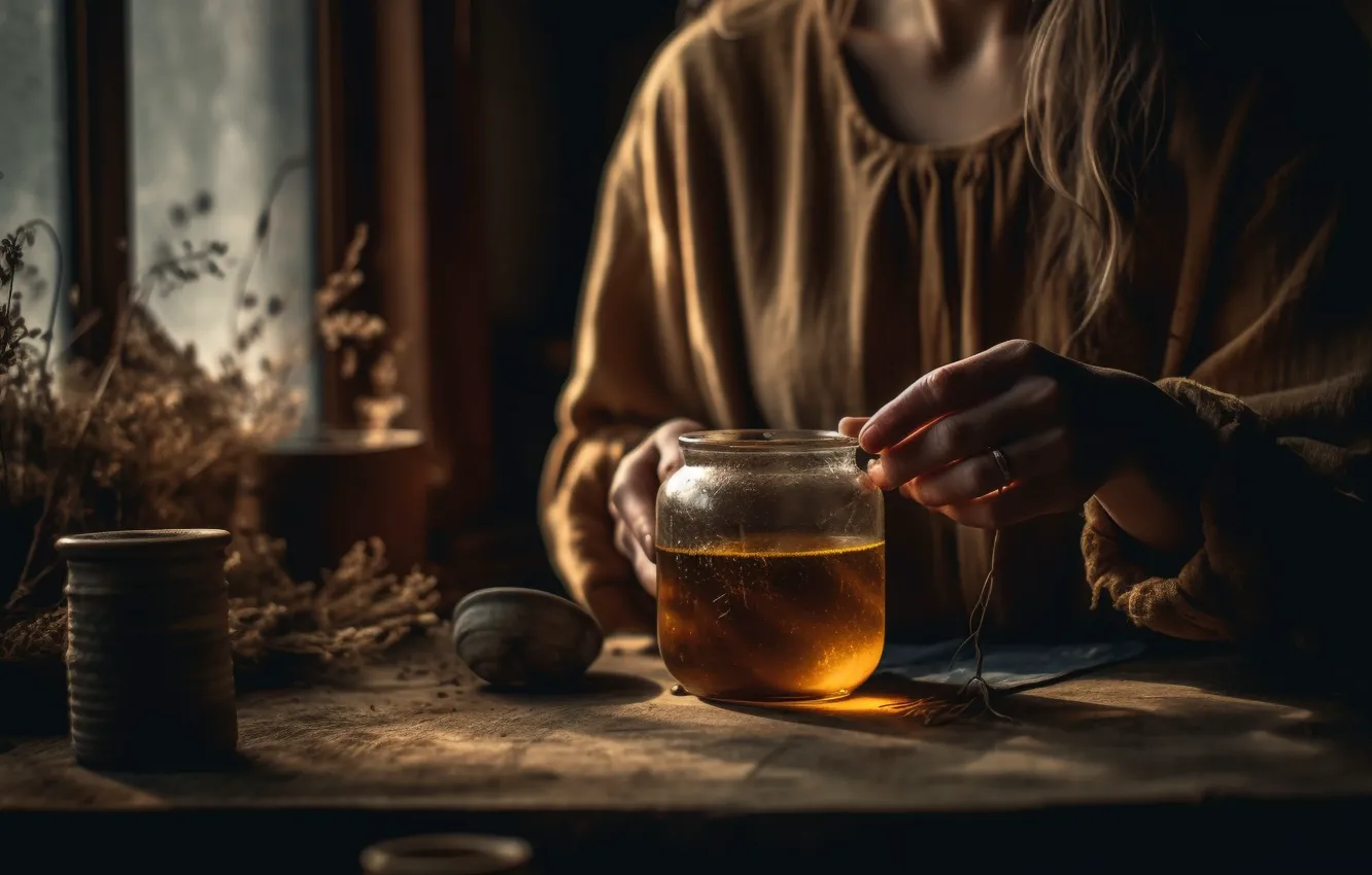 Photo wallpaper girl, light, retro, sprig, table, tea, hands, window