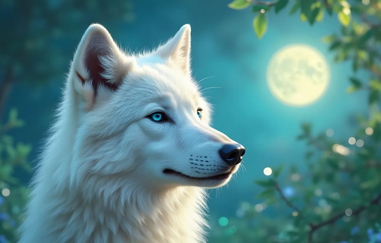 Photo wallpaper white, the sky, look, face, night, the moon, wolf, portrait