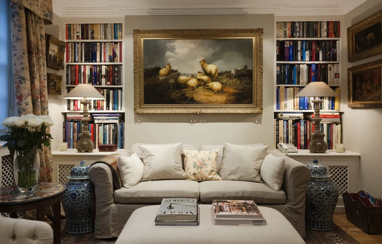 Photo wallpaper design, style, interior, pictures, library, sofa, living room