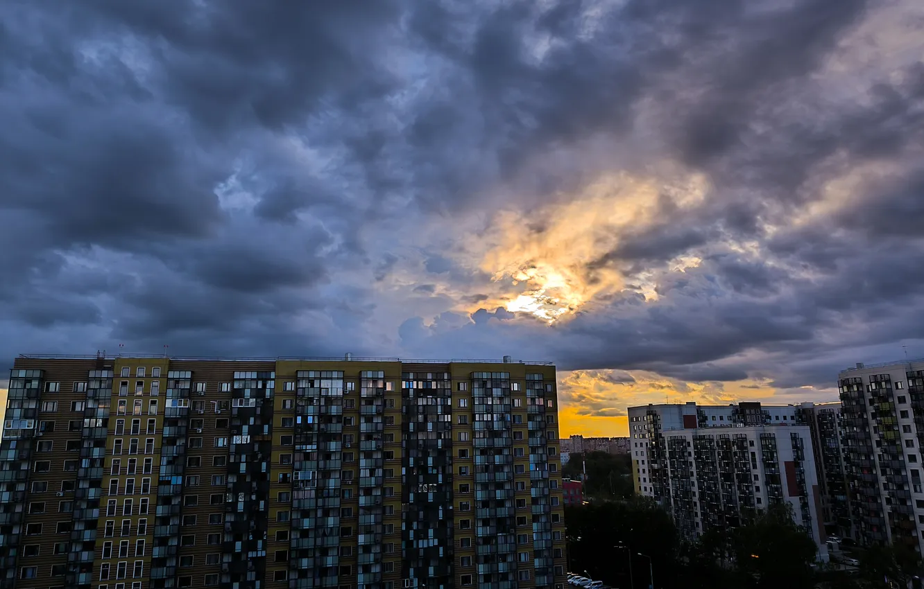 Photo wallpaper summer, the sky, the sun, clouds, the city, overcast, building, home